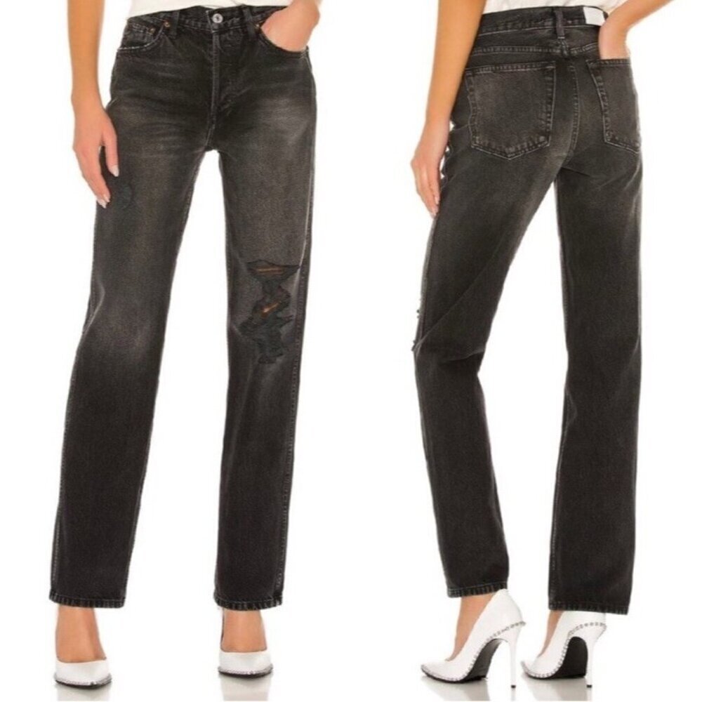 RE/DONE Women's Sz 25 High-Rise Loose Distressed Denim Jeans in Worn in Black